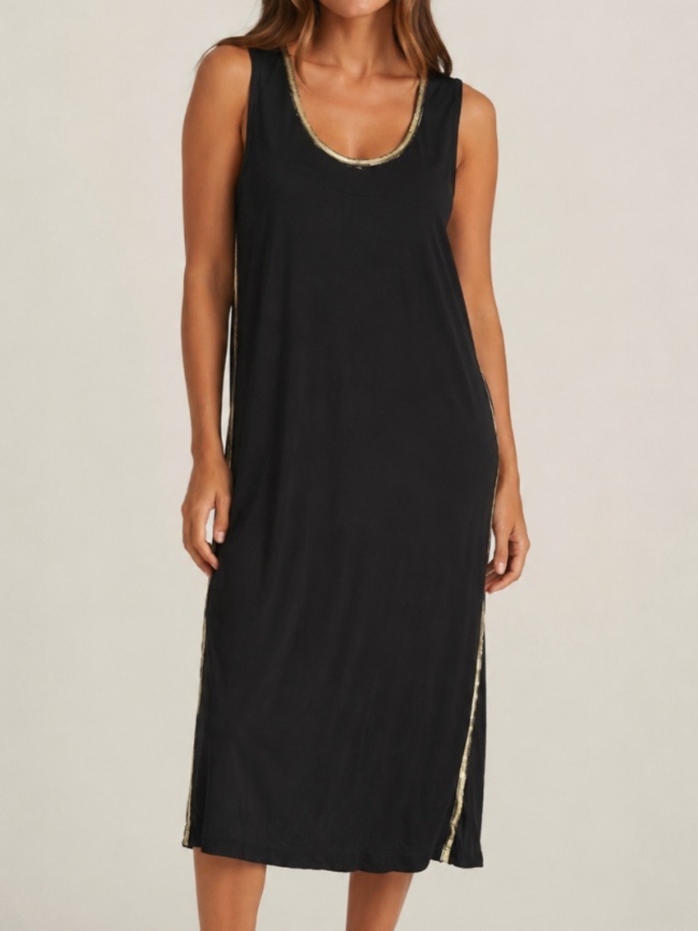 Commando Black Pajama Lounge Dress Small Gold Trim Sleepwear Nightgown